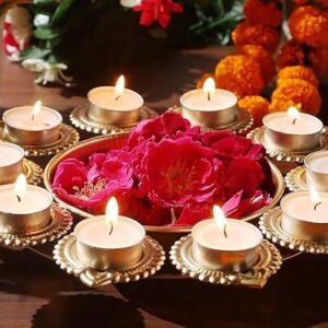 About this item Magnetic steel Diwali Gift This is a lovely Tealight Candle Holder that adds some rustic flavor to your home, Magical Touch In Your Home, Room, Diwali, Party. Weight-500 gm Ideal decoration item for Indian Festivals, Wedding, Anniversary, House Warming, Christmas, X-Mas, New Year or any other family celebration. R Ayurveda Copper Diya Shape Flower Decorative Urli Bowl for Home Handcrafted Bowl for Floating Flowers and Tea Light Candles Home Table| Diwali Decoration (10 Inches) Magnetic Steel, Gold, 1 liters