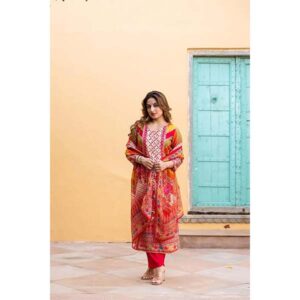 GoSriKi Women's Rayon Viscose Straight Printed Kurta with Pant & Dupatta
