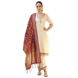 VredeVogel Women's Silk Blend Embroidered Kurta with Pant & Banarasi Silk Dupatta Set