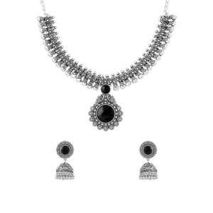 Yellow Chimes Exclusive Antique Design Vintage Oxidised Silver Kolhapuri Stone Choker Necklace Set with Jhumka Earrings for Women and Girls