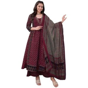 ANNI DESIGNER Women's Anarkali Kurta Set with Dupatta | Pure Cotton Suit Set for Women | Ajrakh Print Kurta Palazzo Dupatta Set | 3 Piece Ethnic Wear for Festival & Party