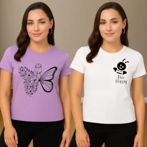 Women Printed Round Neck Polyester Multicolor T-Shirt